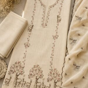 Ivory Jamdani unstitched suit set with embroidered top, rayon bottom and deer motif dupatta