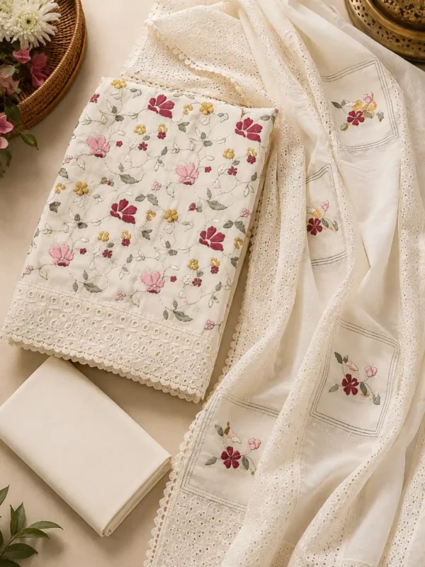 Gulbahar ivory Kora cotton unstitched suit set with multicolour thread-work top, plain bottom and designer boring-work dupatta.