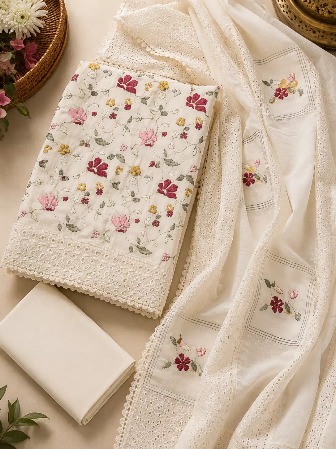 Gulbahar ivory Kora cotton unstitched suit set with multicolour thread-work top, plain bottom and designer boring-work dupatta.