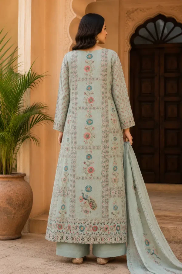 Back view of the Morbagh Powder Mint silk suit with floral digital print, peacock motif, decorative border and printed dupatta.
