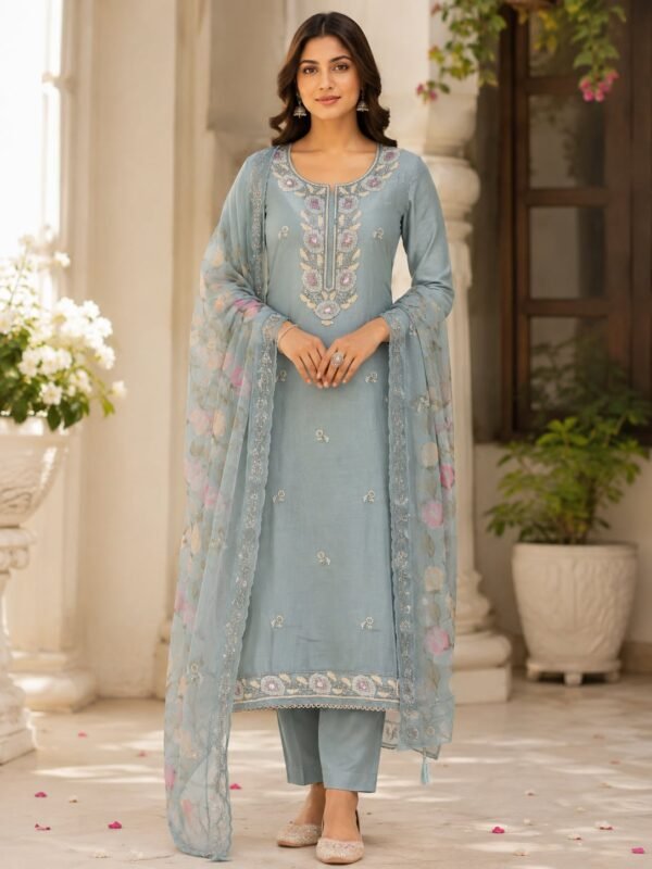 Full-length model wearing the Meher Powder Blue modal suit with floral beadwork and a matching digital-print organza dupatta.