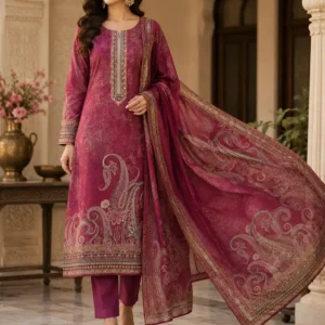 Model wearing the Nayab Rani Magenta paisley silk suit while displaying its printed neckline, decorative hem and full paisley dupatta.