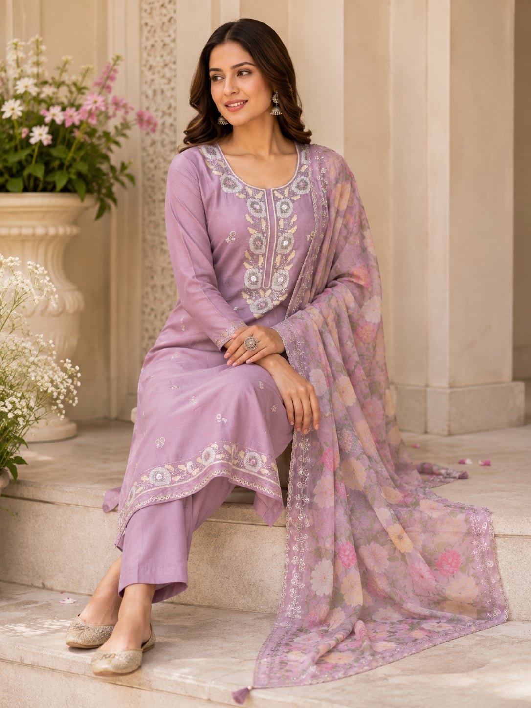 Seated model in the Meher Lavender Mist modal suit with floral beadwork and a flowing digital-print organza dupatta.