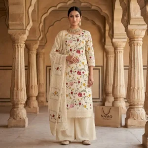 Indian woman modelling the Gulbahar ivory Kora cotton suit with floral thread work, plain wide-leg bottom and designer dupatta