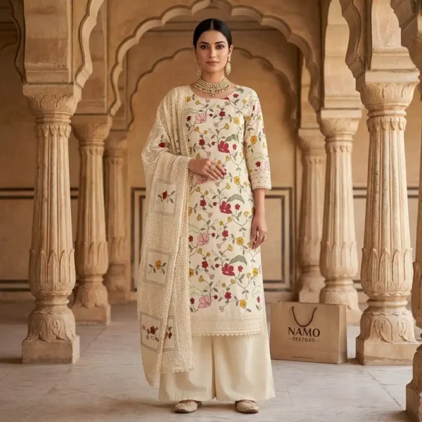 Indian woman modelling the Gulbahar ivory Kora cotton suit with floral thread work, plain wide-leg bottom and designer dupatta