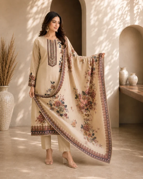Model wearing the Gulnaar beige floral silk suit while displaying its fully digital-printed dupatta and decorative border.