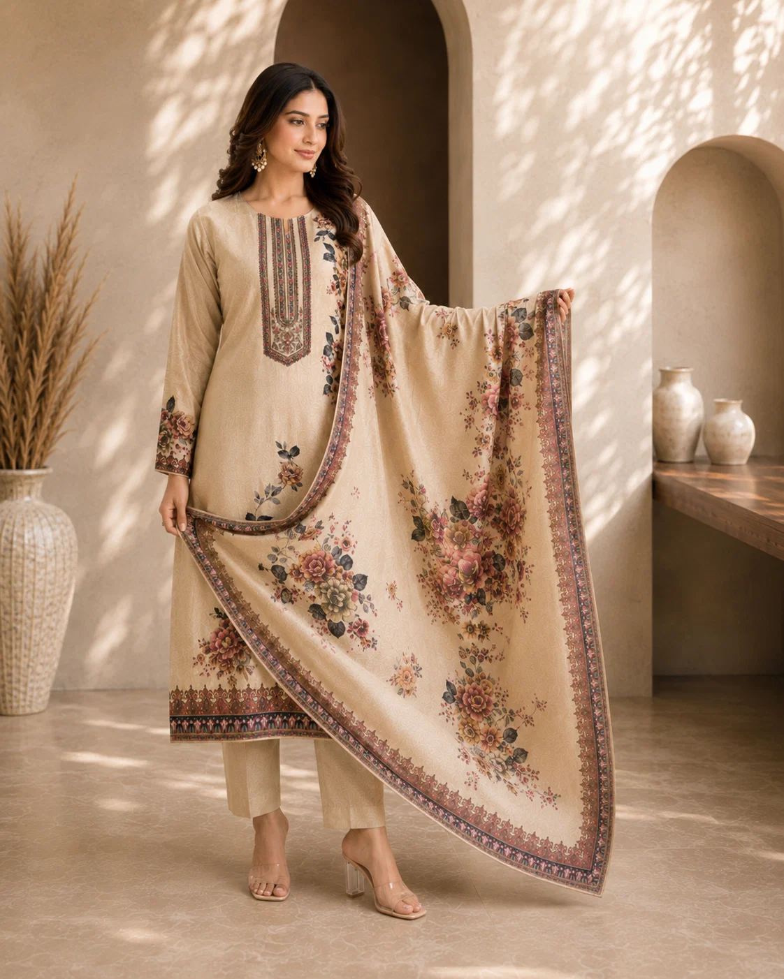 Model wearing the Gulnaar beige floral silk suit while displaying its fully digital-printed dupatta and decorative border.