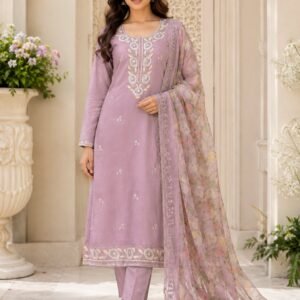 Model wearing the Meher Lavender Mist modal suit with a hand-beaded neckline, plain bottom and floral organza dupatta.