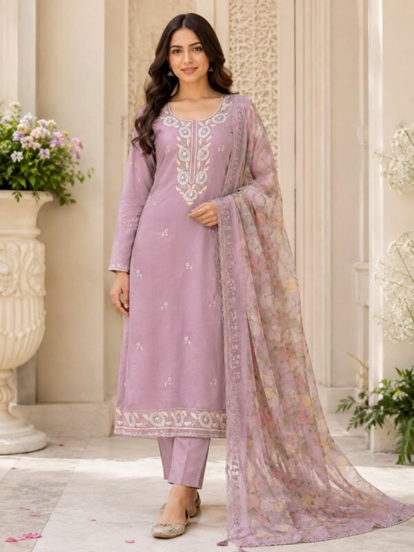 Model wearing the Meher Lavender Mist modal suit with a hand-beaded neckline, plain bottom and floral organza dupatta.