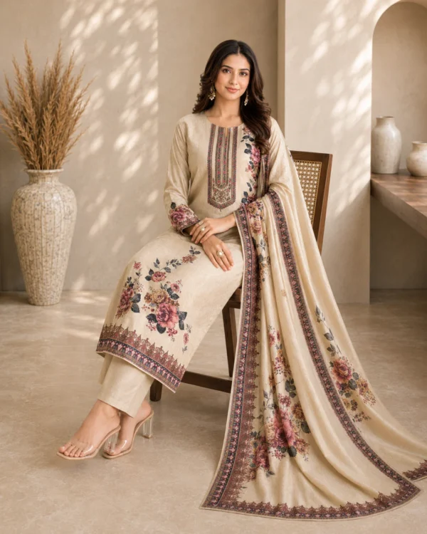 Seated model in a beige floral silk suit with plain rayon pants and a fully printed dupatta draped beside her.