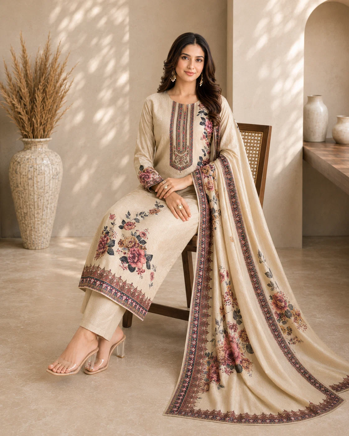 Seated model in a beige floral silk suit with plain rayon pants and a fully printed dupatta draped beside her.