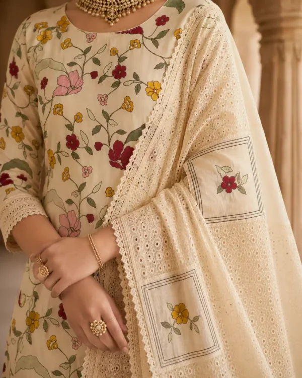 Close-up of the Gulbahar ivory designer dupatta with heavy boring work, lace border and multicolour floral thread-work patches.