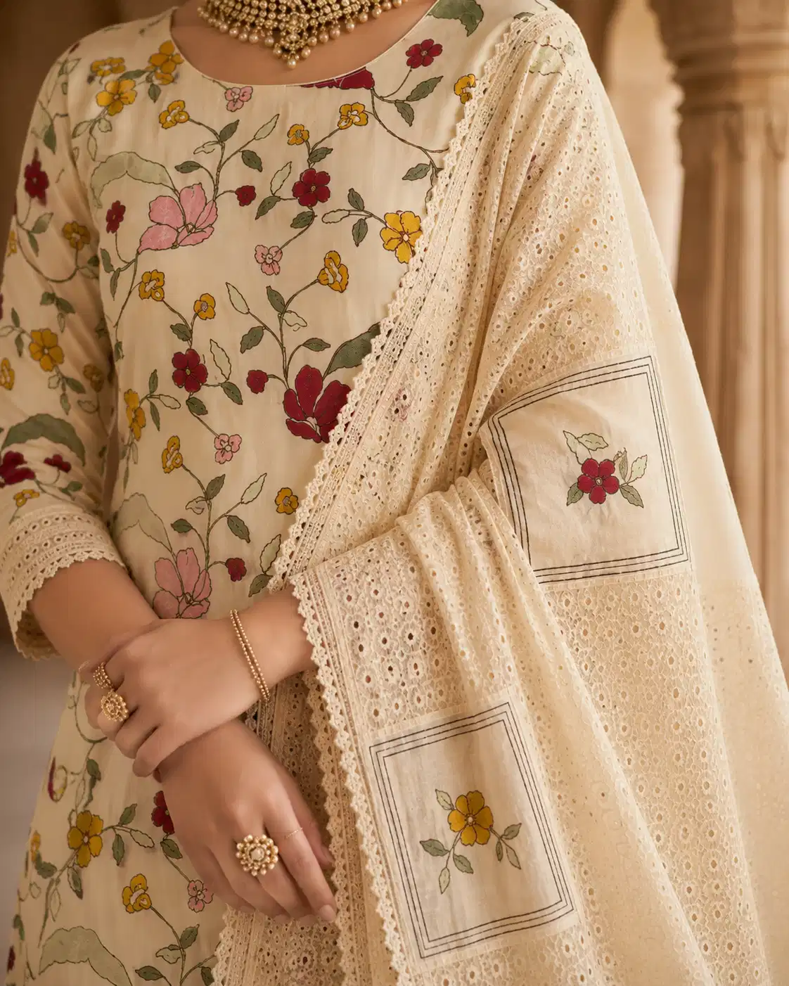 Close-up of the Gulbahar ivory designer dupatta with heavy boring work, lace border and multicolour floral thread-work patches.
