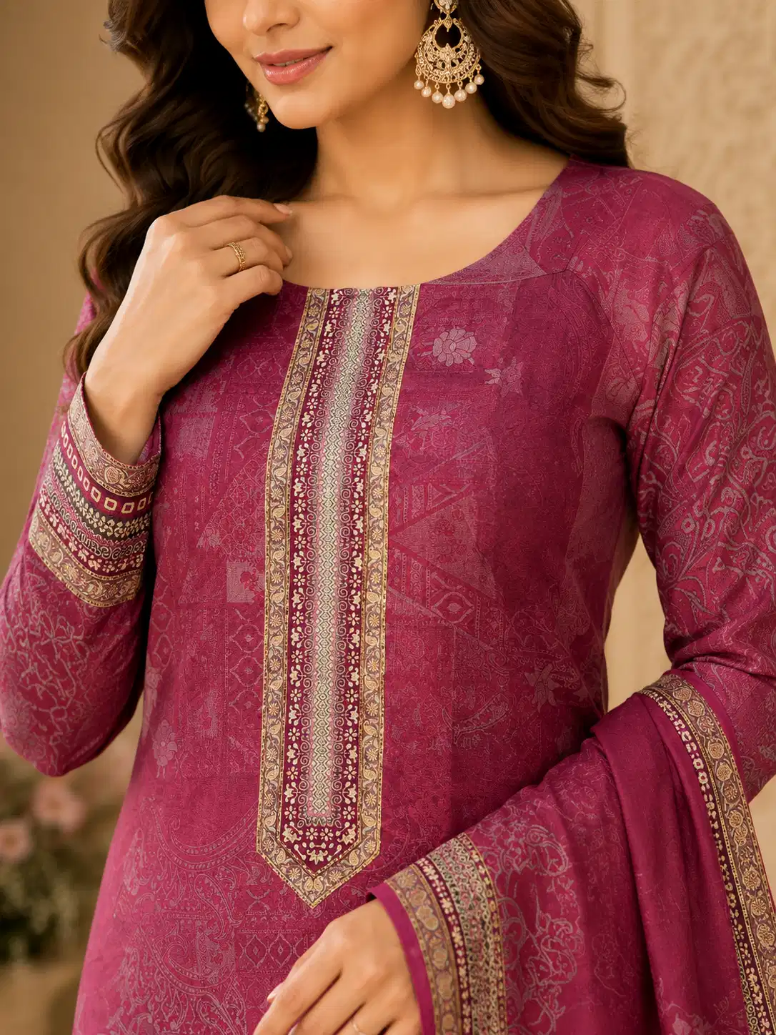 Close-up of the Nayab Rani Magenta silk suit showing its printed neckline, piping detail, tonal digital printed sleeves