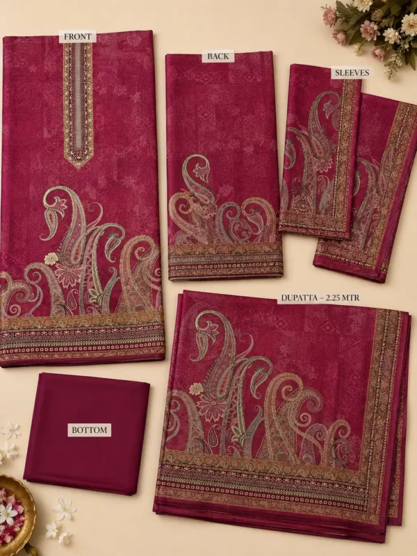 Flat lay of the Nayab Rani Magenta unstitched suit showing printed front, back and sleeves, plain rayon bottom and 2.25-metre dupatta.