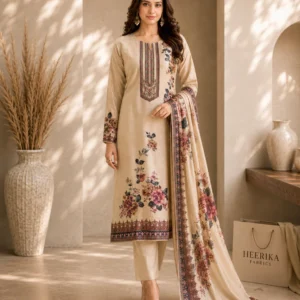 Full-length model wearing the Gulnaar beige floral silk suit with printed neckline, plain rayon bottom and floral dupatta.