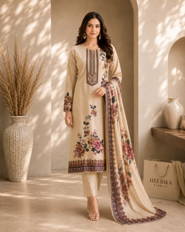 Full-length model wearing the Gulnaar beige floral silk suit with printed neckline, plain rayon bottom and floral dupatta.