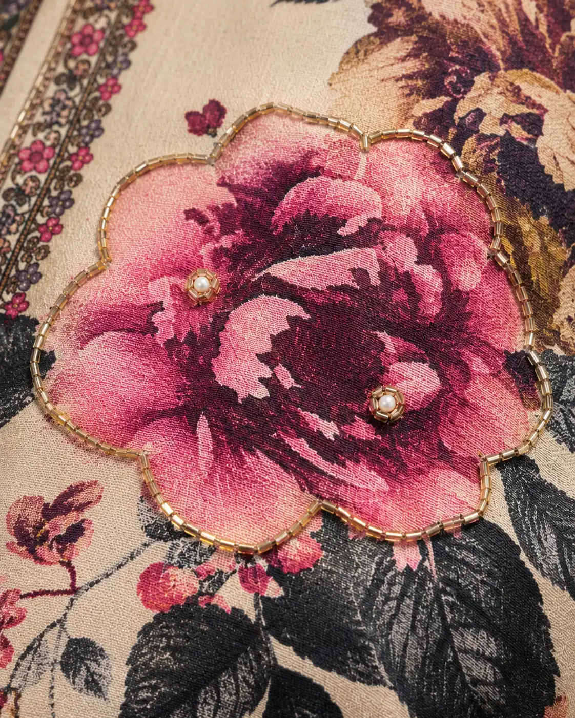Macro view of a pink floral motif on beige silk with gold-toned piping work and small pearl accents.