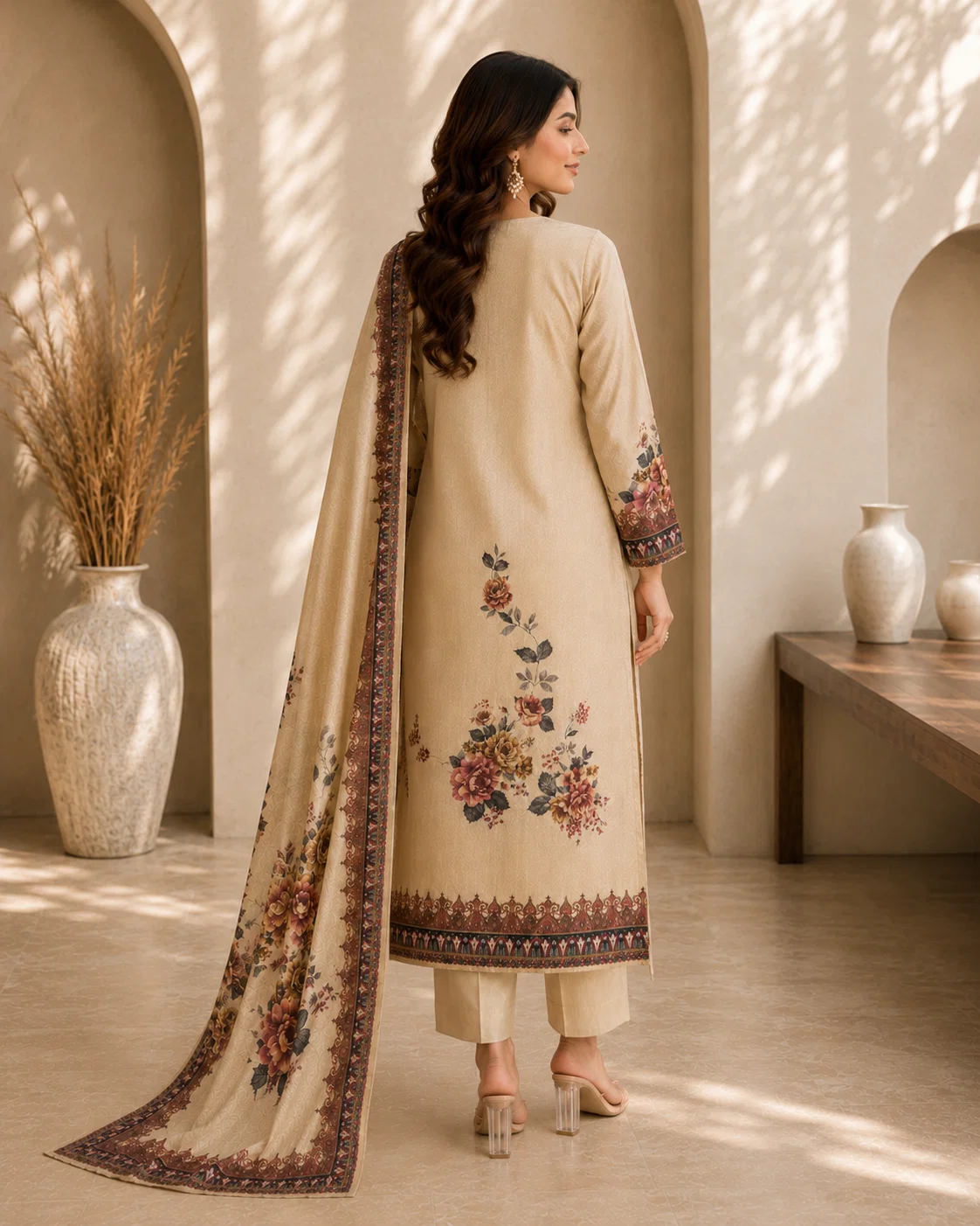 Back view of the Gulnaar beige floral silk suit showing the rear floral print, sleeve borders and printed dupatta edge.
