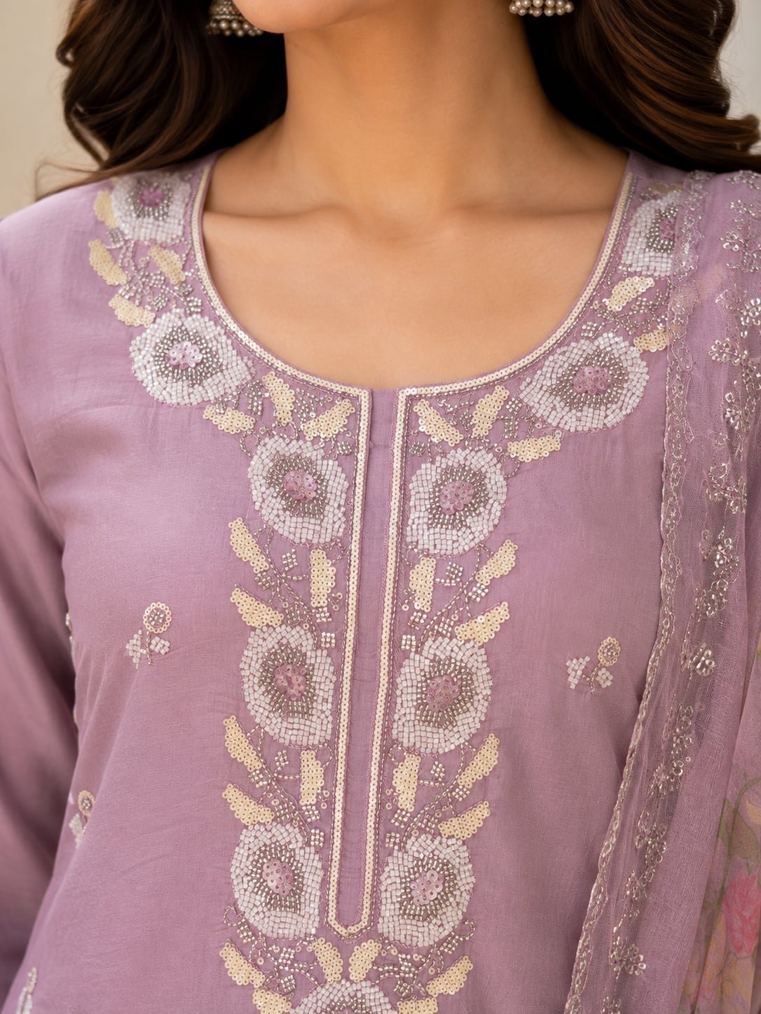 Close-up of the Meher Lavender Mist modal suit neckline with white, silver and pastel floral beadwork.
