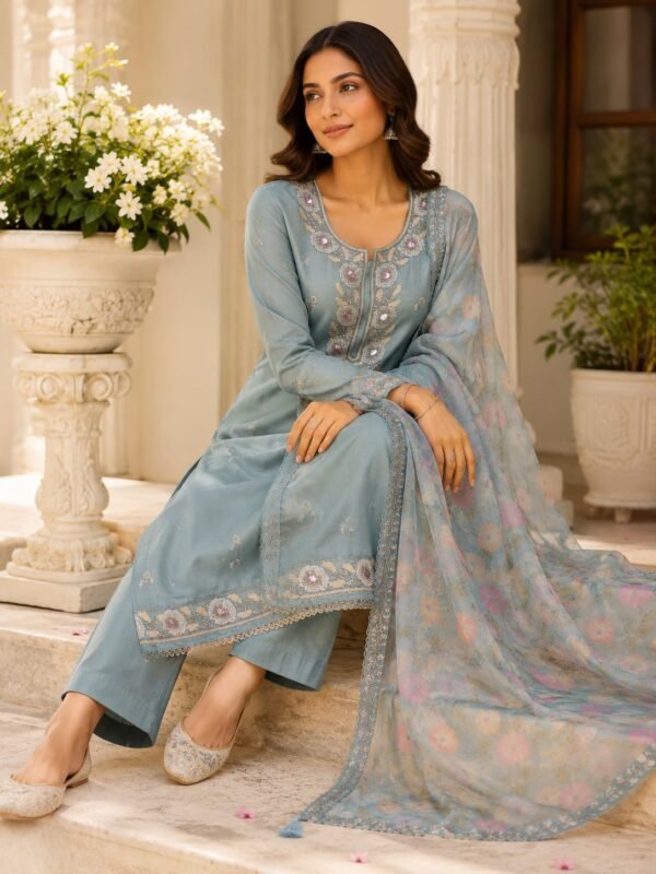 Seated model in the Meher Powder Blue modal suit with floral neck beadwork and a soft printed organza dupatta.