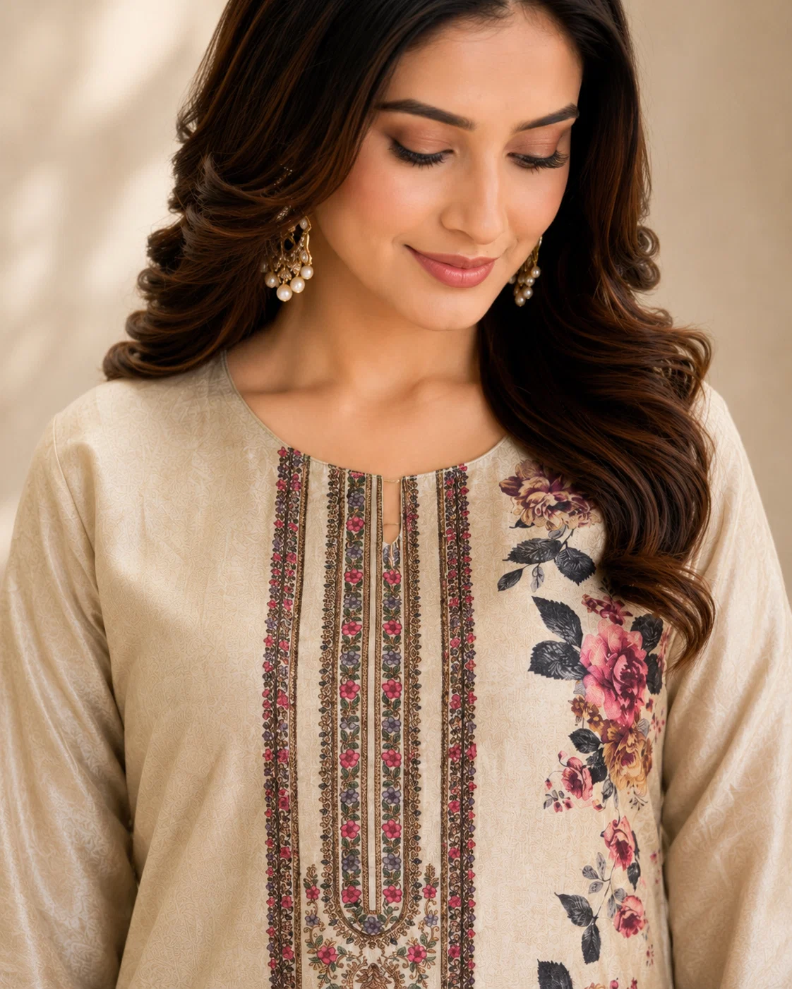 Close-up of the Gulnaar beige silk suit showing its digitally printed neckline, floral panel and fine piping details.