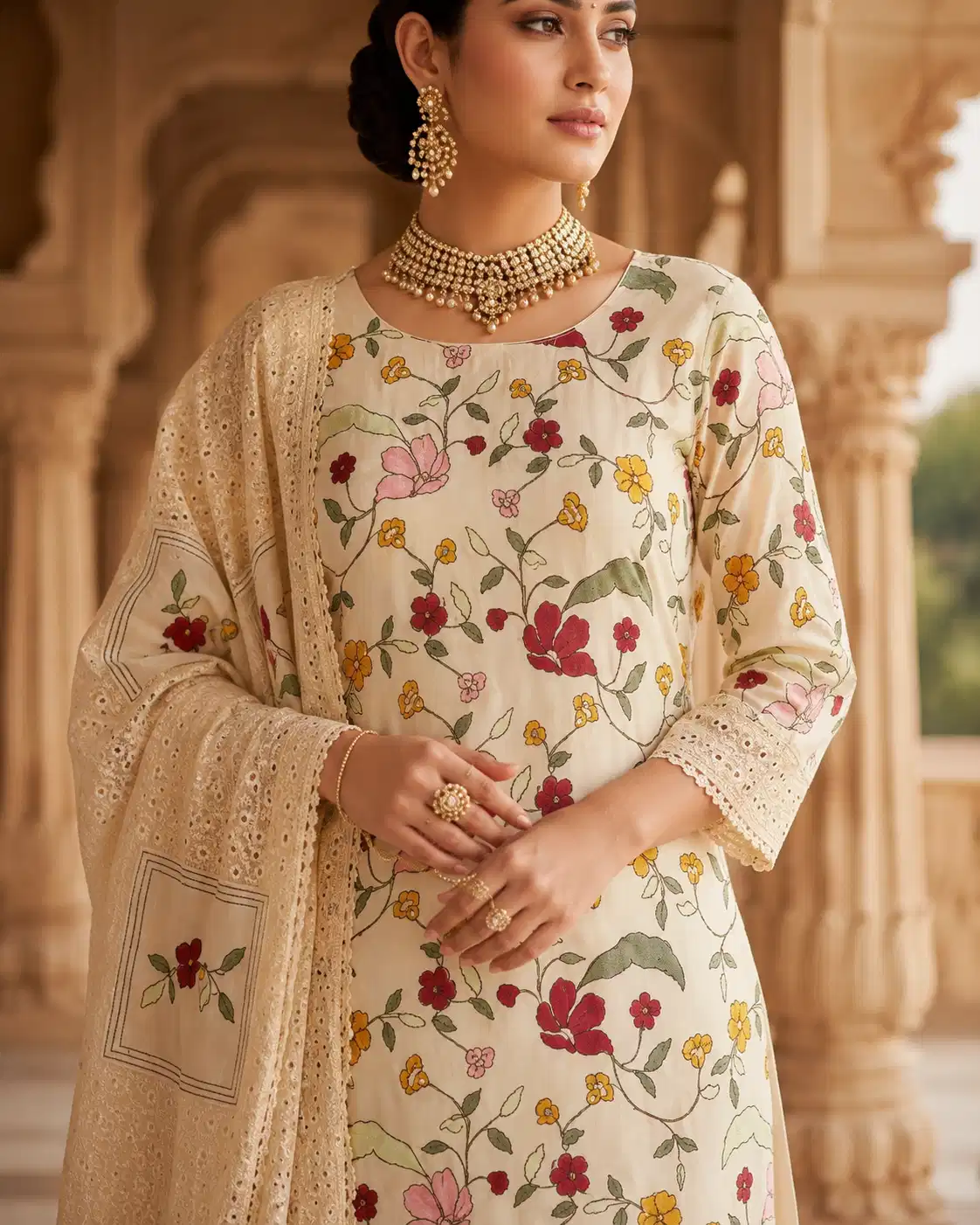 Close-up of the Gulbahar ivory Kora cotton kurta showing multicolour floral thread work, subtle sequins and embroidered sleeves